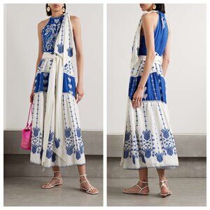 Farm Rio Embroidered Jungle Scarf Blue Maxi Halter Dress